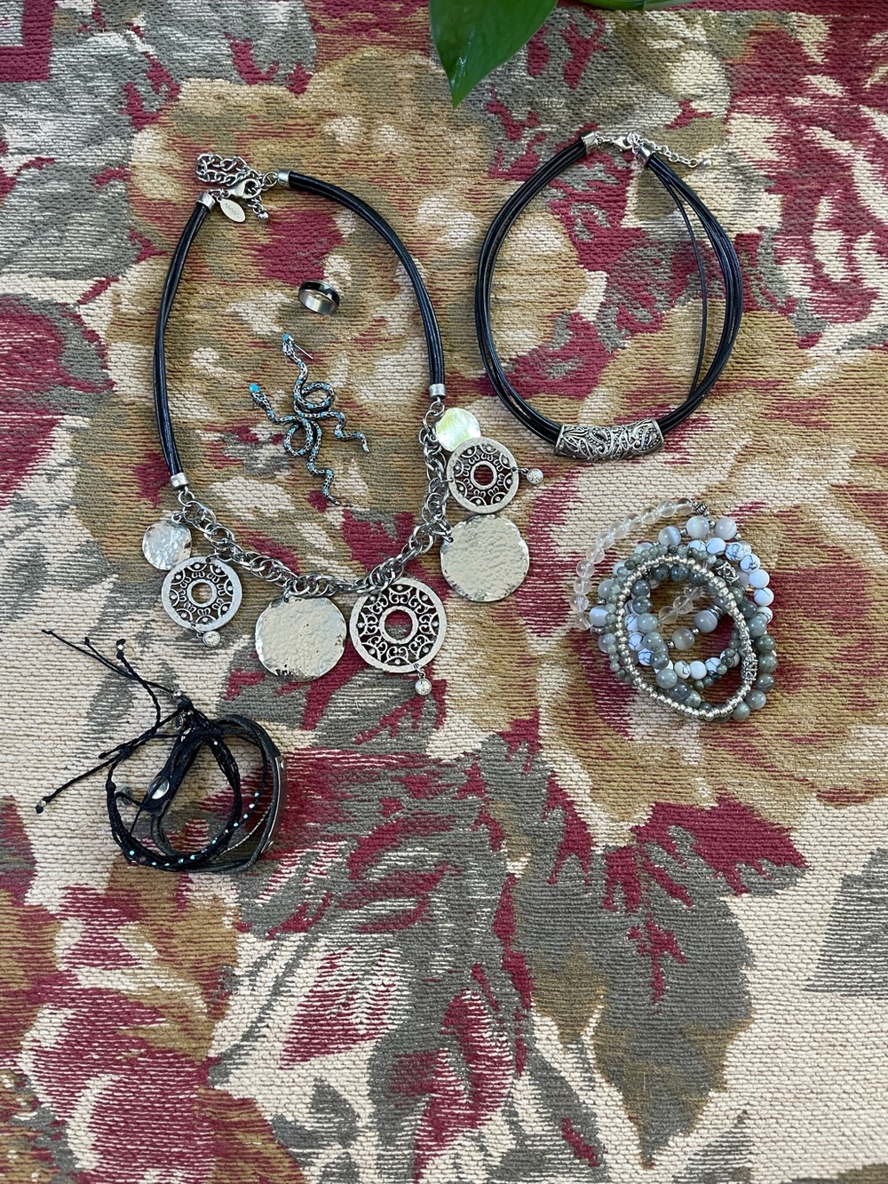 Boho Silver & Black Necklace Bundle with Matching Bracelet Stack/Earrings/Ring